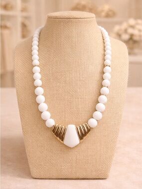 Vintage NAPIER 1980s Milky White Bead Gold Tone Necklace Cocktail Statement
